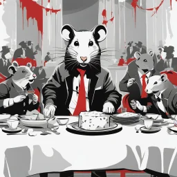 Vector illustration of a (((large rat sitting))) at a banquet table, eating a (((large cheese))), sitting at the same table, (((other rats watching the large rat eat))). White, red and black colors. Banksy style