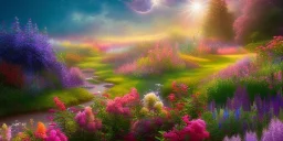 bright fairy, beautiful portrait, flowery landscape