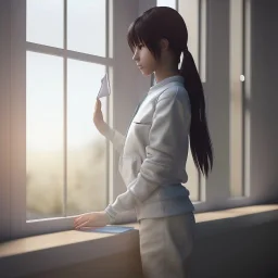 female student studying by the window, anime style, full body, cool face, unreal engine 5, cinema4d, sun light, studio lighting --ar 1:1 --v 4