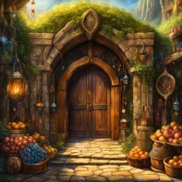 The age old entrance portal to a market for magical items. Epic. Dramatic, highly detailed, digital painting, masterpiece, lord of the rings, the hobbit