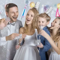 Photograph of a happy couple with kids celebrating with silver party decoration.