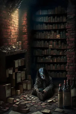 A dark, dingy brick dungeon, with a shelf containing six vintage bottles of various sizes with labels of pain and memories, with one young girl sitting on the floor in tears with a pile of books