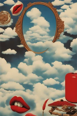 cloud in blue sky, a red lip, collage art, shuji terayama, dreamy objects, surreal, criterion collection, showa era, intricate details, mirror