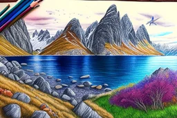 Colored pencil drawing, Very detailed, Drawing of the colorfull nature of Lofoten Island in Norway.