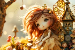 closeup, double exposure, merged layers, golden patina, corrosion, topographic lines, needle felt mohair cute chibi fairy princess, fairy village, watercolor and charcoal S<AI in sunshine
