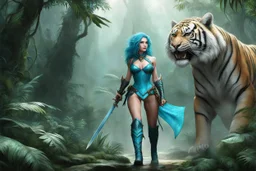 [humid jungle forest] thin nudist cyan female alien medieval ranger with fabric boots and corset, armed by a broad sword, she walks on the side of a giant tiger