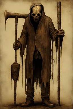 The full body of a prisoner man with iron mask holding a baseball bat Scary face , decayed and rotting with grotesque proportions and imagery. abstract grotesqueries, detailed texture, surreal horror, biomechanical design, by hr giger and beksinski