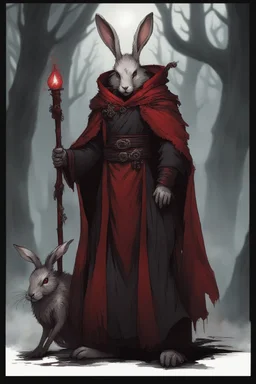 Male rabbitfolk with grey fur wearing blood red and black robes in a fantasy setting, sorcerer of death