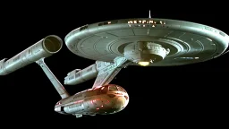 a screen capture from a star trek movie of a battle-damaged starship enterprise IN the year 2380 IS IN A BATTLE with monster ufos sci-fi meticulous, highly-polished, photorealistic, studio production, intricately detailed, GALACTIC, directed by gene Roddenberry,