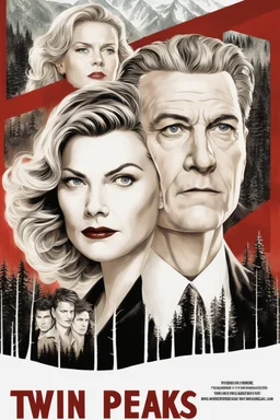 Movie poster art for "Twin Peaks" surreal TV drama, artistic double exposure photo layering of ethereal Kyle Mcgloughlin and Sheryl Lee visages by Dan Mountford and Andreas Lie, beautiful photorealistic modern poster art by Drew Struzan, stunning dramatic artistic composition, 'Who Killed Laura Palmer?', red stage curtain bordering.