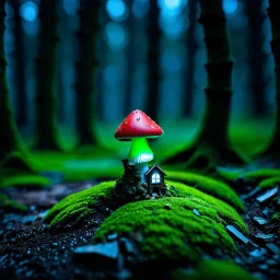 "Close up of a wonderful tiny Mushroom Tower home. green and red with bright white, deep black and contrasting tones of gray. Illuminated bioluminescent forest. Professional painter, master at composition. small but detailed. broken, blurred background, voluminous lighting"