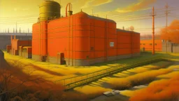 An orange colored electrical power plant with batteries painted by Birge Harrison