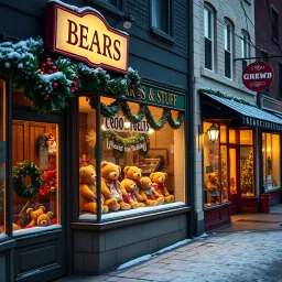 Neighborhood Storefronts, Shop display window in the neighborhood. Festive Christmas showcase. Teddy Bear shop with sign reading "BEARS & STUFF", Quaint, light snow, lights, twilight, Teddy bears of various sizes in window, Nostalgic. HD, Ultra-real