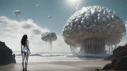 Wide-angle shot of a woman, standing to one side on a beach with huge waves, with dark hair in a silver robotic catsuit, many large jellyfish shaped like mushrooms with tentacles floating in the air, masterpiece, best quality, super detailed