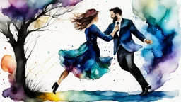 Man and woman in their thirties dancing swing, alcohol ink, watercolor, digital painting, Art