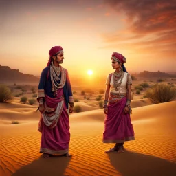 Hyper Realistic Photographic-Zoomed-View Of Rajasthani Brother & Sister With A Traditionally Rajasthani Attire Standing In A Desert Dramatically Looking At Sunset showing dramatic & cinematic ambiance.