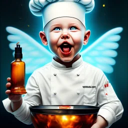 a happy human baby chef called tobias leander with no hair,halo, wings, drinking, sitting in chair, photo realistic spray painting, dark wood background, book cover illustration