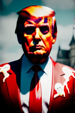 Ultra realistic image, Donald trump zombie, zombie performance, suit, skull, blood, torn arm, night, walking twisted, waist up view, thriller style, dark ambient, highly detailed, White House background, concept art, unreal engine 5, ray tracing, RTX, ultra detail, volumetric lighting, high definition, high resolution.