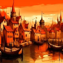 (earthy colors)(Orange, red black)(artistic)(fantastic)(water paints) high quality, artistic depiction, of a medieval European fantasy coastal city, coastal, medieval fantasy