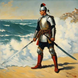 [art by Norman Rockwell, surf at Nazare] Clad in armor that bore the marks of countless battles, Roupinho stood tall and proud, his sword gleaming in the sunlight as if it were an extension of his very being. Forged by skilled artisans and imbued with the essence of his noble lineage, the sword was not just a weapon but a symbol of his duty and honor. Every day, Roupinho would seek solace and guidance in the presence of the Black Madonna. With reverent steps, he would ascend the worn stone steps