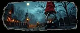 style John Atkinson Grimshaw,3d airbrush render, cut out darkling slender gnome , pinhole cam, airbrush 3d rendering, torn edges on border