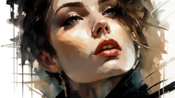 russian woman 26yo with short brown hair, wearing a black shirt with long sleeves and tactical pants :: dark mysterious esoteric atmosphere :: digital matt painting with rough paint strokes by Jeremy Mann Carne Griffiths Leonid Afremov, black canvas