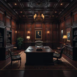 Picture of a study with mahogany panelled walls and a large desk, photorealistic, dark fantasy, 4k