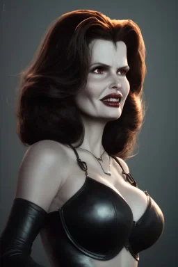 Geena Davis as evil queen in black leather, leather, busty, cleavage, angry, rage, stern look. character design by cory loftis, fenghua zhong, ryohei hase, ismail inceoglu and ruan jia. unreal engine 5, artistic lighting, highly detailed, photorealistic, fantasy