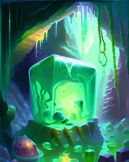 a slimy gelatinous cube in vast cavern room painterly