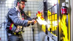 man sprays fire extinguisher all over bathroom