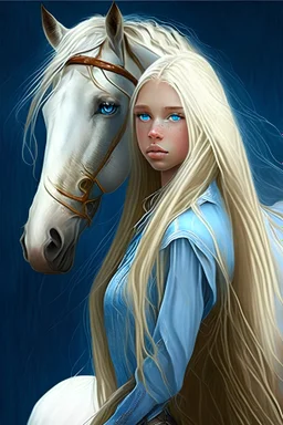 A girl that has human torso but from waist down she has a horse's body. Massive hoofs, long tail. She has long blond hair, and blue eyes. And she is very beautiful