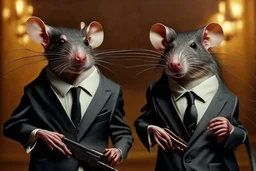 lifelike hairy rats in elegant suits and bow tie with guns (like in the pulp fiction)