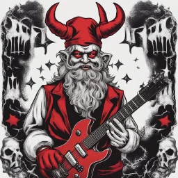 satanic santa claus with devil horns playing electric guitar