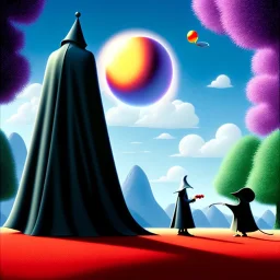 The mouse and the grim reaper discussing the future of the universe on bubble world, art by Pixar and Magritte