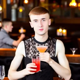 Russian guy boyish boylike short man's haircut boyish features in black girlish lacy cocktail dress in restaurant