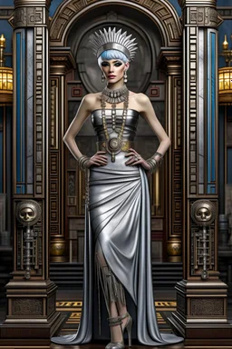 Creation: full body and headshot of a skinny Cleopatra, with a silver bob hairstyle, standing in a steampunk setting.