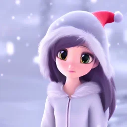 girl, Christmas hat on head, looking forward, anime art, cold weather, gray furry clothes,anime key visual of elegant young female