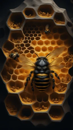 Bosch nightmares paining style Title:a bees inside a Honeycomb , 8k artistic photography, photorealistic concept art, soft natural volumetric cinematic perfect light, chiaroscuro, award-winning photograph, masterpiece, oil on canvas, Raphael, Caravaggio’s, Greg Rutkowski, people, beksinski, Giger