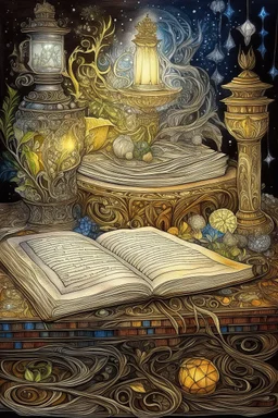 brown silver background,sparkles,drawing gel pens+markers;white glow;very colourful;lots of details, elements;hyperreal; hyperdetailed;botanic art;octane rendering;HDR+;digital art;fine contour;ink drawing;filigree;128k;maximum image quality ivory opal yellow,Huge ultradetailed old chic library with old filigree magic books,wise bird librarian sits at the entrance and welcomes guests,mysticism, magic,mystery,Vintagechandeliers, tables,chairs, candlestic