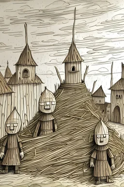 childish drawing of The nors gods put lots of wooden shavings against the city walls