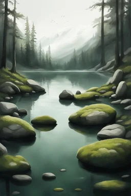 Draw me a lake with a mossy big stones