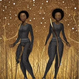 Biologically Female Twins, black skin, tall and slender, long afro kinky hair,big brown eyes, warrior wear. Gold accents on clothing. Surround by trees. Holding golden spears. Starry night