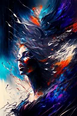 A woman, abstract image showing her chaotic life, chaos, stormy, 8k, exceptional beauty, mysterious, abstract conceptional art