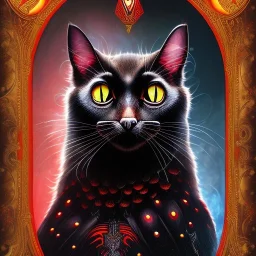 close up on cat in magickal forest, with the black and red owl in the background, fantasy book cover art