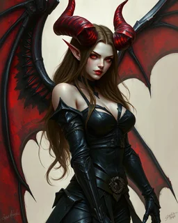 A female demon, pale skin, long brown hair, red eyes, long flaming horns, black leather outfit, black and red bat-like wings, arrogant, vicious, an air of malevolent power surrounds her, greg rutkowski, intricate details, dark fantasy setting, hyperrealistic