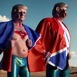 realistic image of donald trump as a mexican wrestling fighter posing outdoors, Mexican eyes wrestling mask, red and blue breeches, confederate flag cape, retro style, 80s, vibrant color, highly detailed, sky background, concept art, unreal engine 5, god rays, ray tracing, RTX, lumen lighting, ultra detail, volumetric lighting, 3d, finely drawn, high definition, high resolution.