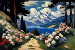 Mountains, lake, flowers, pathway, pine trees, clouds, edouard manet impressionism painting