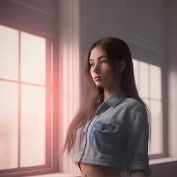 Study girl in university by the window ,movie, real photo realistic, unreal engine, cinematic lighting --ar 1:1 creative