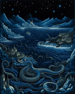 A dark blue watery coast with sea serpents at nighttime painted by MC Escher