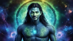 beautiful gorgeous young man na'vi with long hair, Avatar, blue skin, two small ears, green eyes, black hair, in cosmic suit, galactic ambiance, medium pointy goatee , smiling, nebulas and sacred geometry light figures on the backgroud,